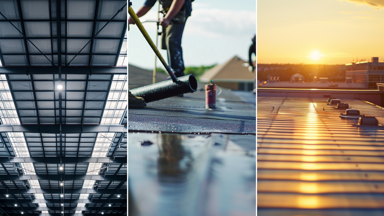 An image of a commercial roofing ceiling in Nashville Tennessee. A close-up cinematic rooftop scene captured with a professional construction camera shows a team of construction workers in safety harnesses applying a black sealant coating to the flat roof of a suburban home in Nashville, Tennessee. An image of a commercial roofing office building in Nashville, Tennessee. Closeup on the roof.