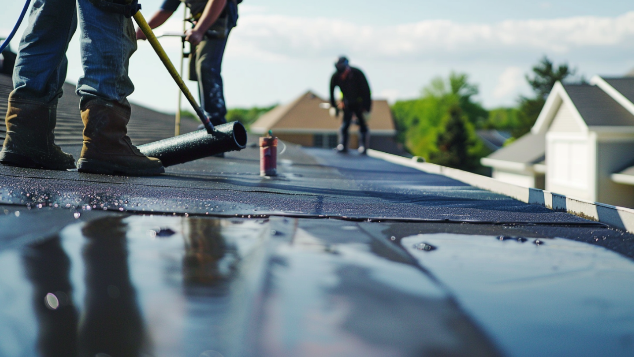 A close-up cinematic rooftop scene captured with a professional construction camera shows a team of construction workers in safety harnesses applying a black sealant coating to the flat roof of a suburban home in Nashville, Tennessee.