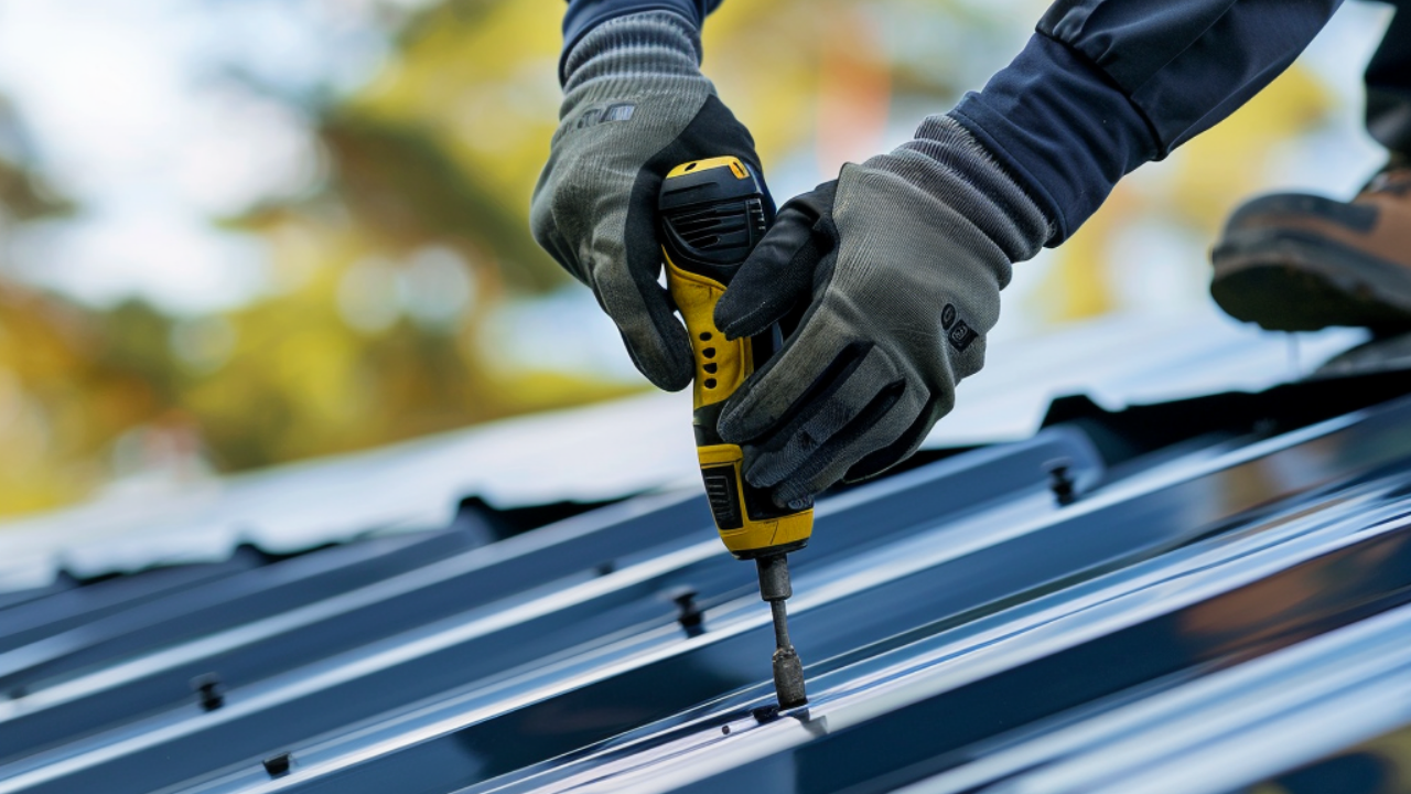 Roofer is doing a residential standing seam metal roof installation. he is holding an electric drill for the washer head roofing screw to be installed.