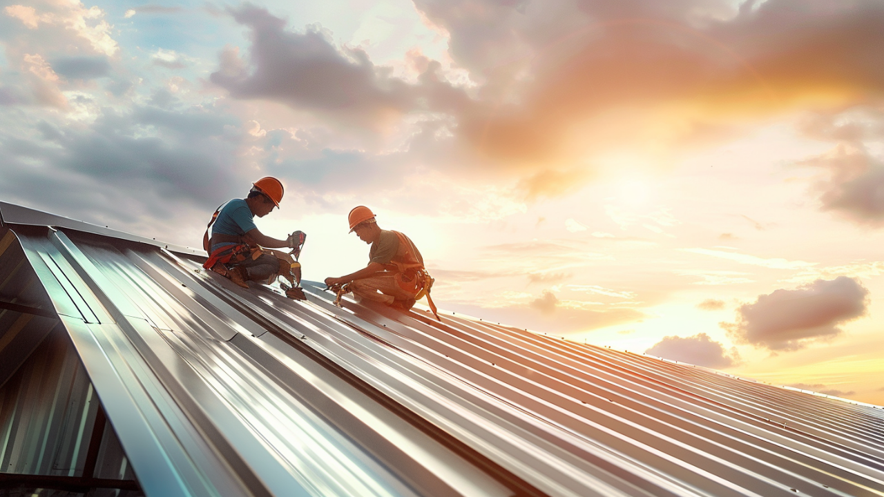 two roofers are doing a residential roof repair project in Nashville, TN. he is holding an electric drill properly. The standing seam metal roof is clean and properly installed. The roofer is wearing the appropriate and complete safety gear.