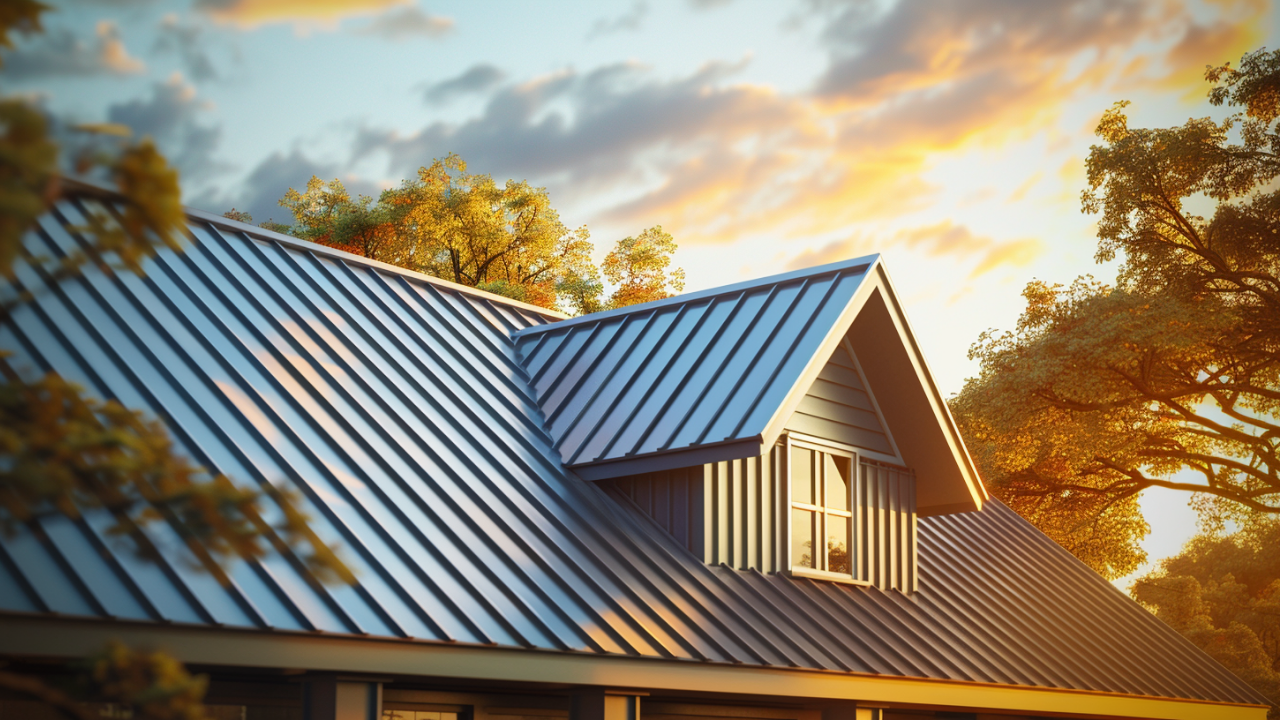 Image of a metal roof after residential roof repair in the Nashville, TN area. A dramatic sunset is in the background.