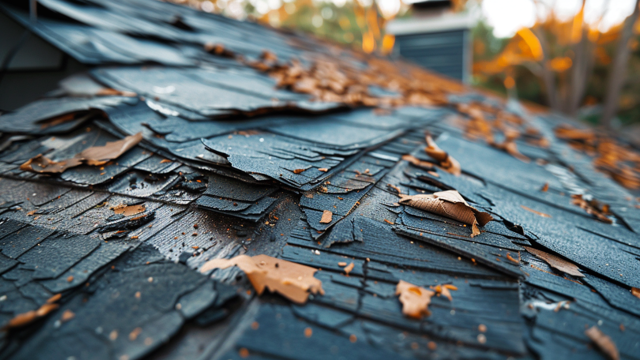 a residential roof that has been damaged by a recent storm.