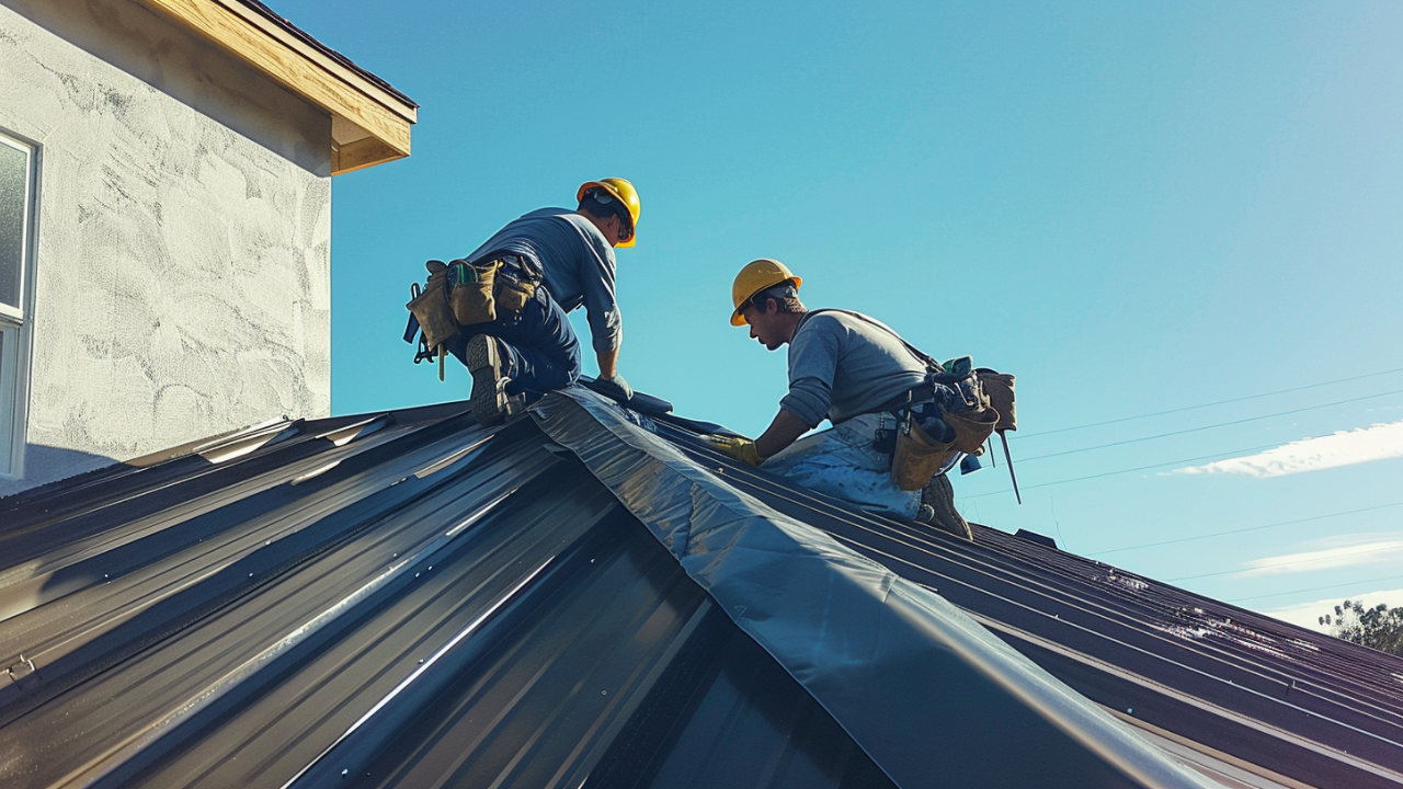 Two roofers at the peak of the roof are focused on repairing the house's roof.