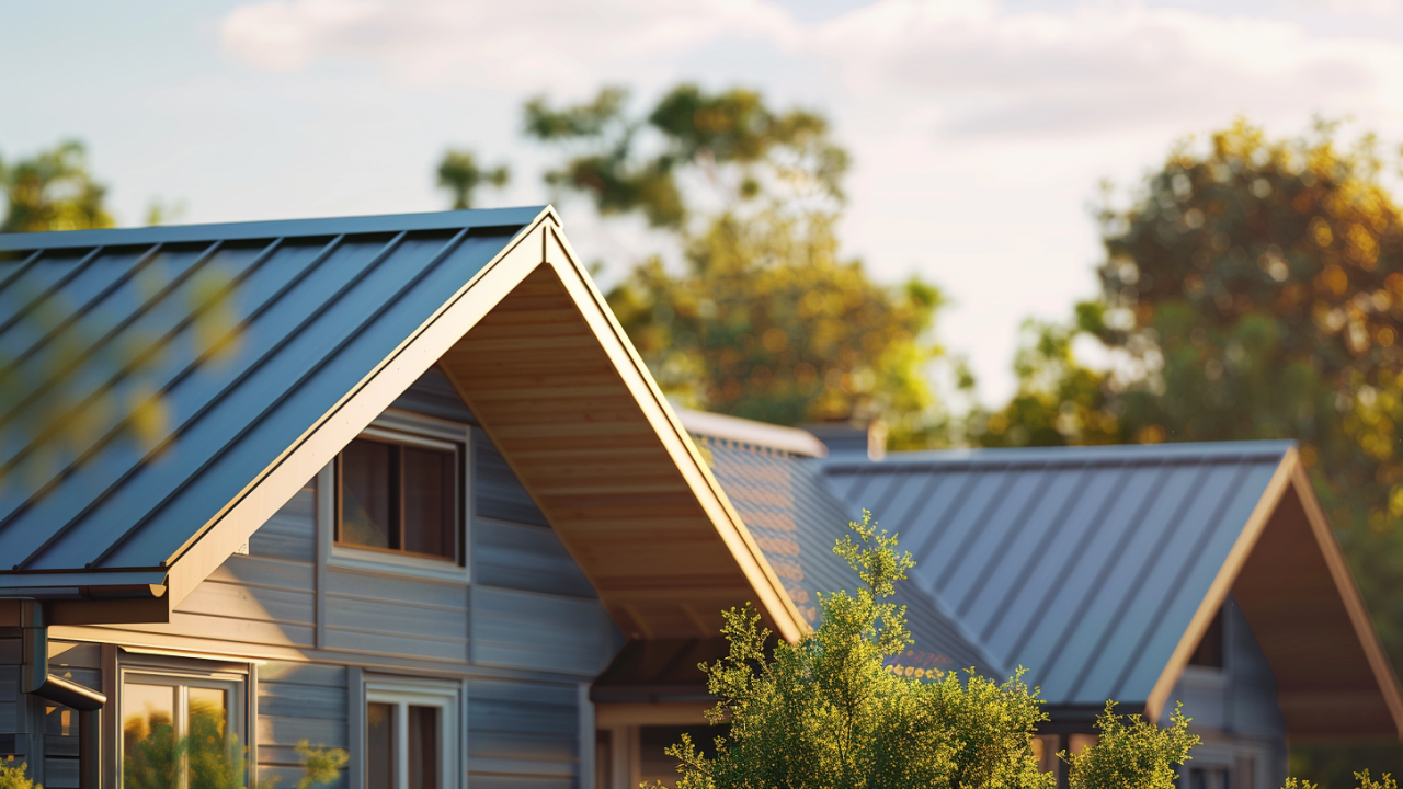 Create an image of a house that has a metal seam roof that is done with poor installation.