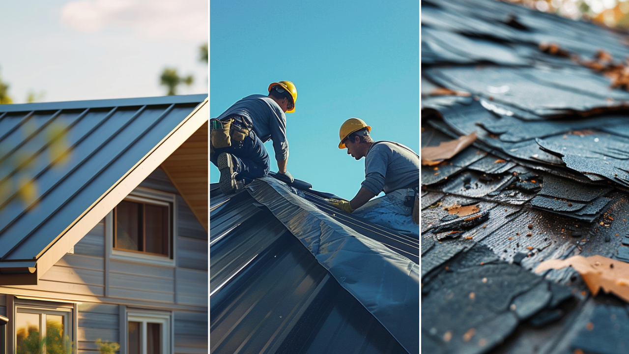 a residential roof that has been damaged by a recent storm. Create an image of a house that has a metal seam roof that is done with poor installation. Two roofers at the peak of the roof are focused on repairing the house's roof.