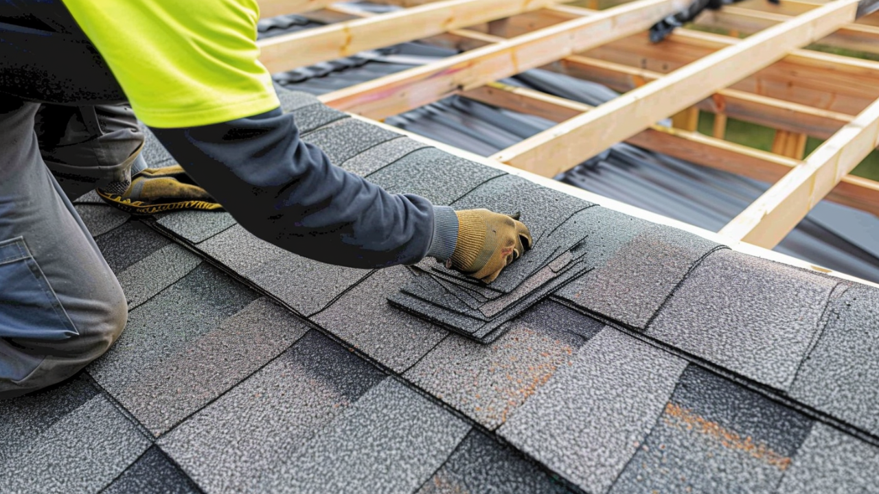 A roofer is installing asphalt shingles in the residential area of Nashville.