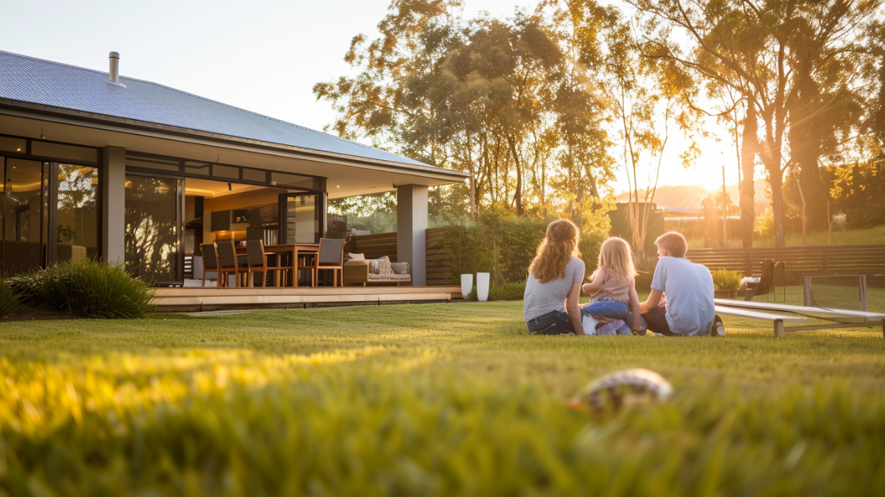 Create an image of family outside their home enjoying their free time and plaing outside the house, the house is modern with built-up roofing