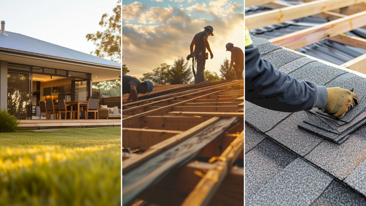 Create an image of family outside their home enjoying their free time and plaing outside the house, the house is modern with built-up roofing. An image of a team of roofing contractors installing roof decking. A roofer is installing asphalt shingles in the residential area of Nashville.