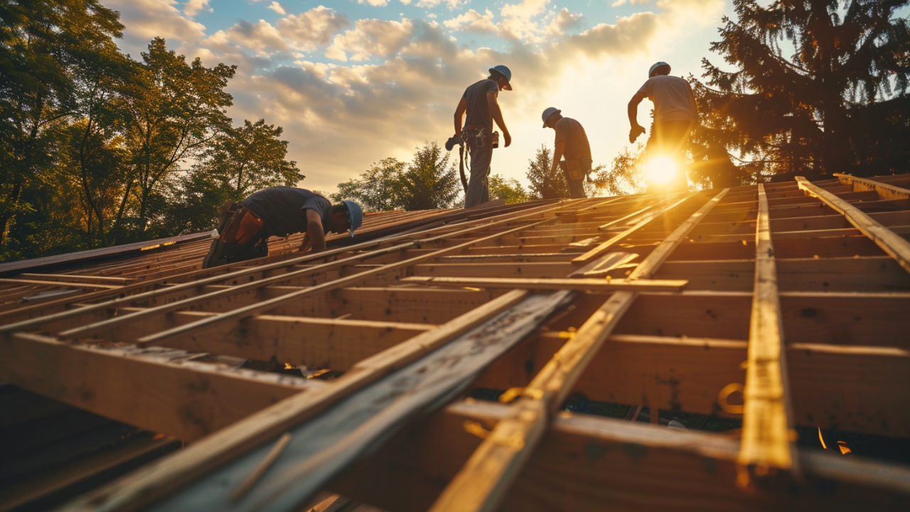 An image of a team of roofing contractors installing roof decking