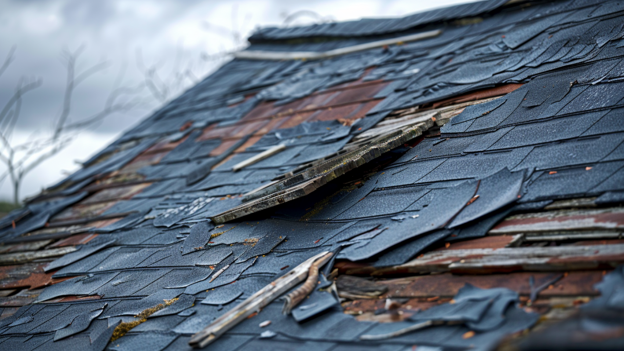 A residential roof that has been damaged by a heavy storm in Nashville TN. small branches of trees on top of the roof.