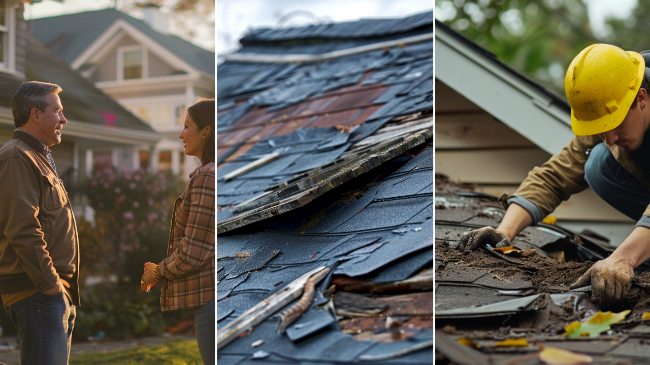 A reliable roofing contractor is talking to the homeowner about Emergency Roofing Services in Nashville TN. A residential roof that has been damaged by a heavy storm in Nashville TN. small branches of trees on top of the roof. A roofer wearing a yellow hard hat is inspecting a residential roof that has been damaged by a heavy storm in Nashville TN. camera shot focus on the damaged roof.