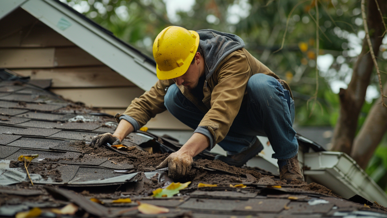 A roofer wearing a yellow hard hat is inspecting a residential roof that has been damaged by a heavy storm in Nashville TN. camera shot focus on the damaged roof.