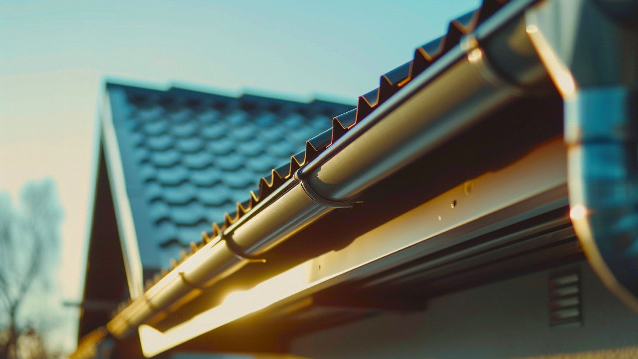 A photo of a close-up shot of the metal roof of a simple house. Focus on the roof and correct the gutter.