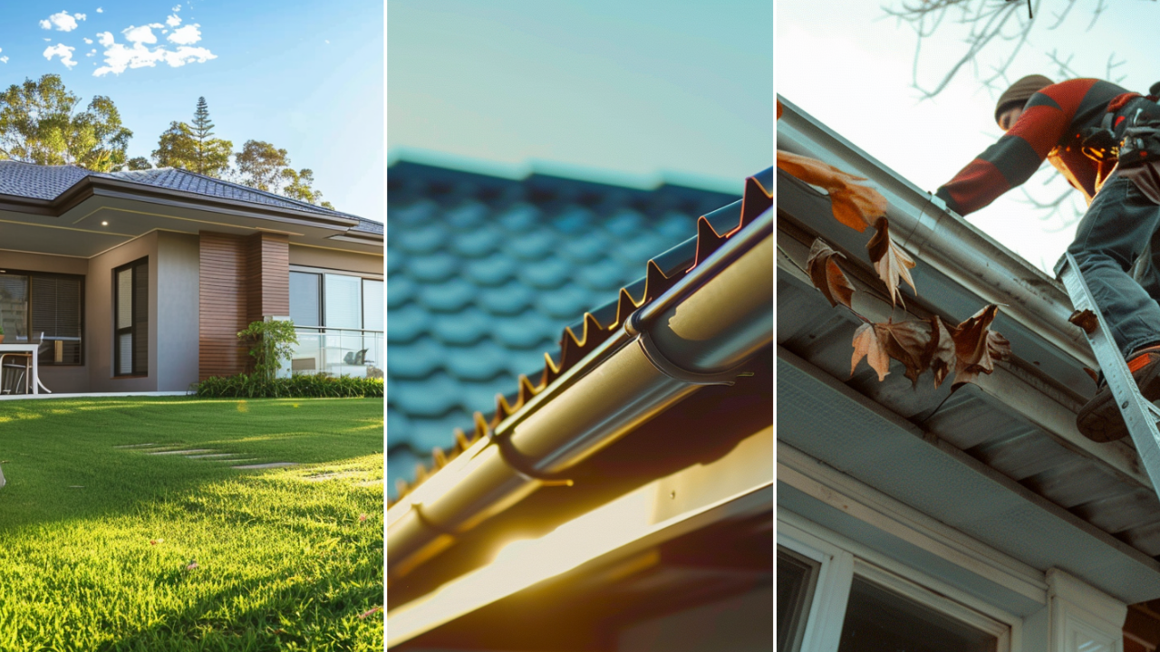 A high-quality photo of a happy family of four walking towards their new home, a modern and spacious one-story house with a green lawn, on a sunny and clear day. A photo of a close-up shot of the metal roof of a simple house. Focus on the roof and correct the gutter. a photo of brand new white gutters installed on a suburbad home in Nashville Tennessee.