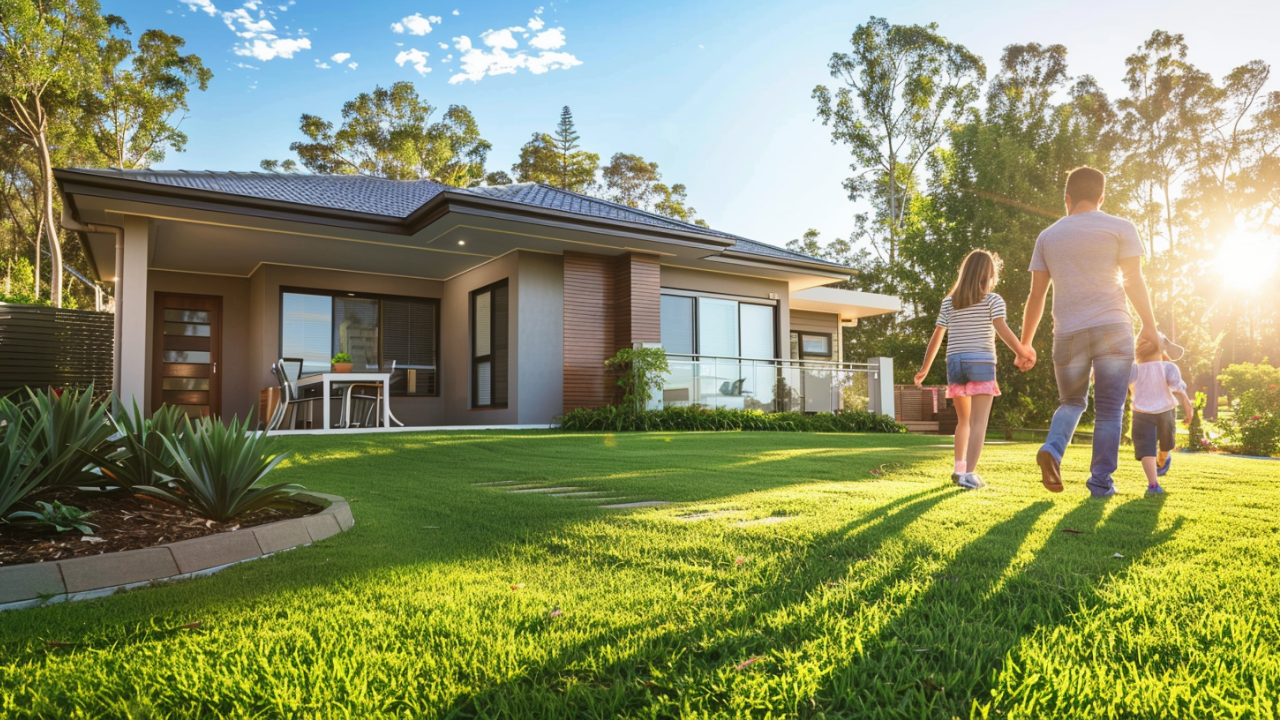 A high-quality photo of a happy family of four walking towards their new home, a modern and spacious one-story house with a green lawn, on a sunny and clear day.