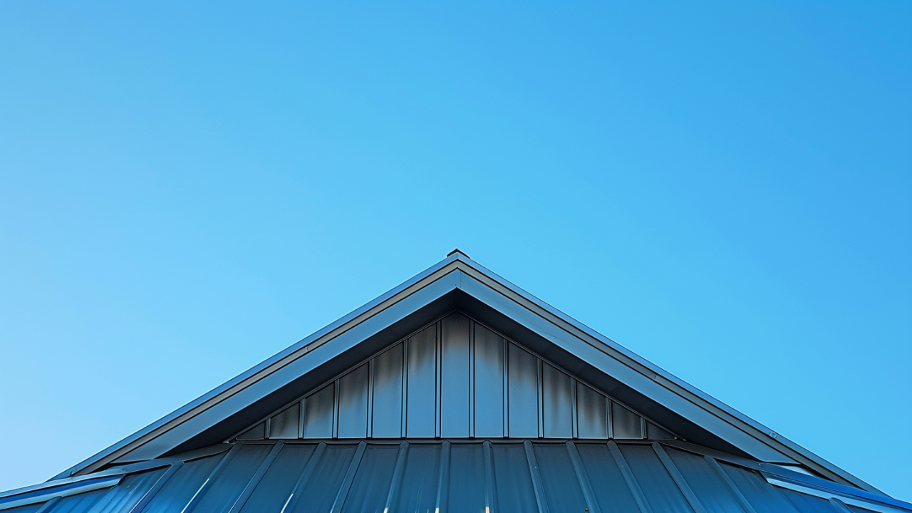 A piece of triangular metal roof from a villa, a minimalistic and realistic image, shots from below.