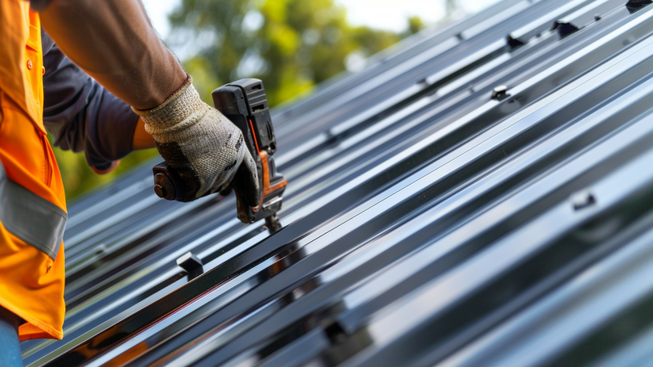 Roofer is doing a residential standing seam metal roof installation. he is holding a cordless roofing nailer properly. The standing seam metal roof is clean and properly installed. The roofer is wearing the appropriate and complete safety gear.