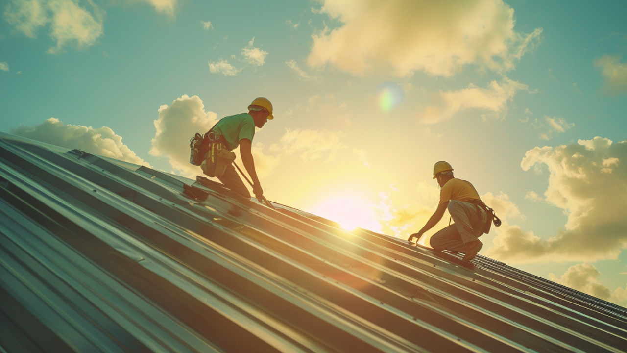 two roofers installing a metal roof.