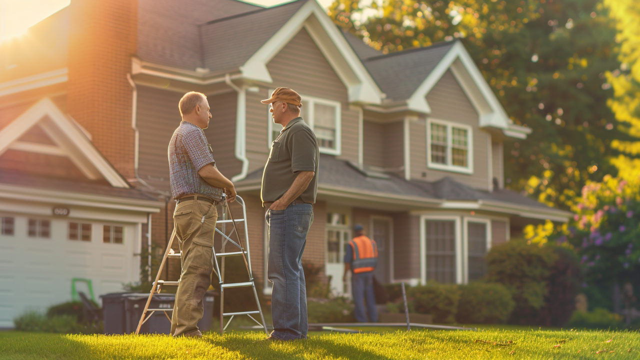 A reliable roofing contractor is talking to the homeowner standing on the lawn in front of the house in Nashville, TN.