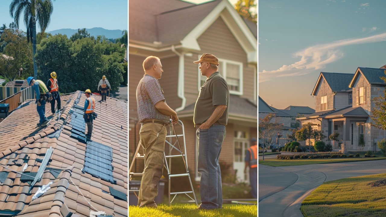 A reliable roofing contractor is talking to the homeowner standing on the lawn in front of the house in Nashville, TN. suburbian single family houses, Nashville, TN region, residential neighborhood, view from the street. roofing contractors installing solar panels on a suburban residential home in Nashville.