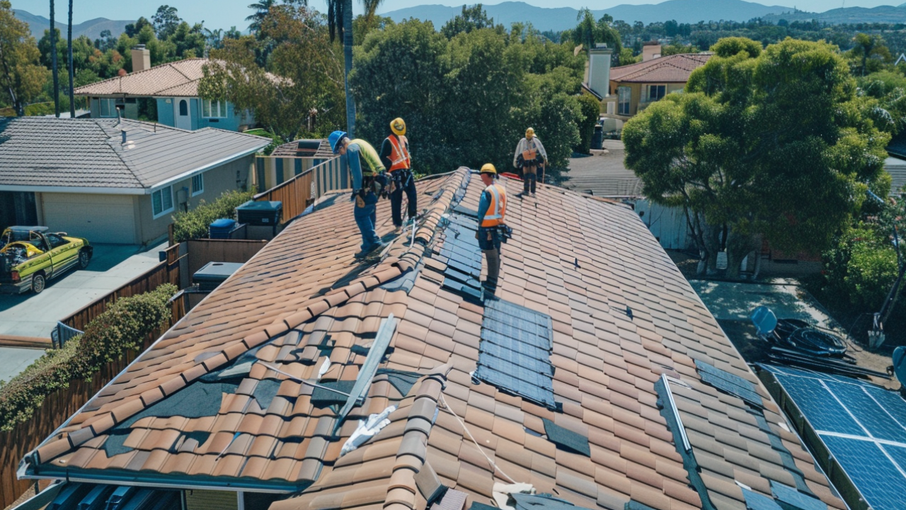 roofing contractors installing solar panels on a suburban residential home in Nashville.